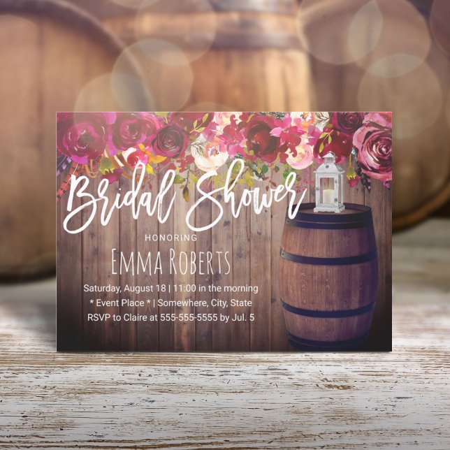 Burgundy Floral Boho Wine Barrel Bridal Shower Invitation
