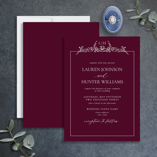 Burgundy Floral Border Monogram Wedding Invitation