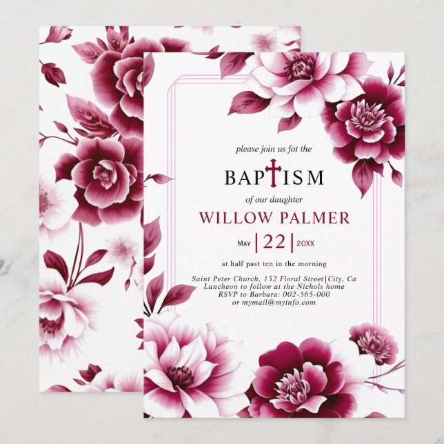 Burgundy floral border, triple border girl Baptism Invitation (Front/Back)