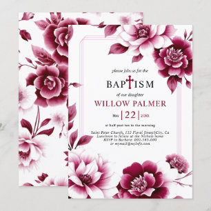 Burgundy floral border, triple border girl Baptism Invitation