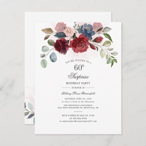 Burgundy Floral Botanical 60th Birthday Party Invitation