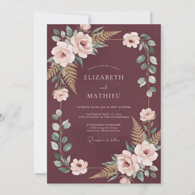 Burgundy Floral Botanical Arch Wedding Invitation (Front)