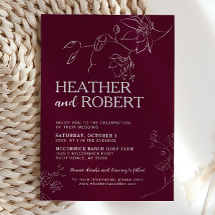 Burgundy Floral Botanical Boho Simple Wedding Invitation