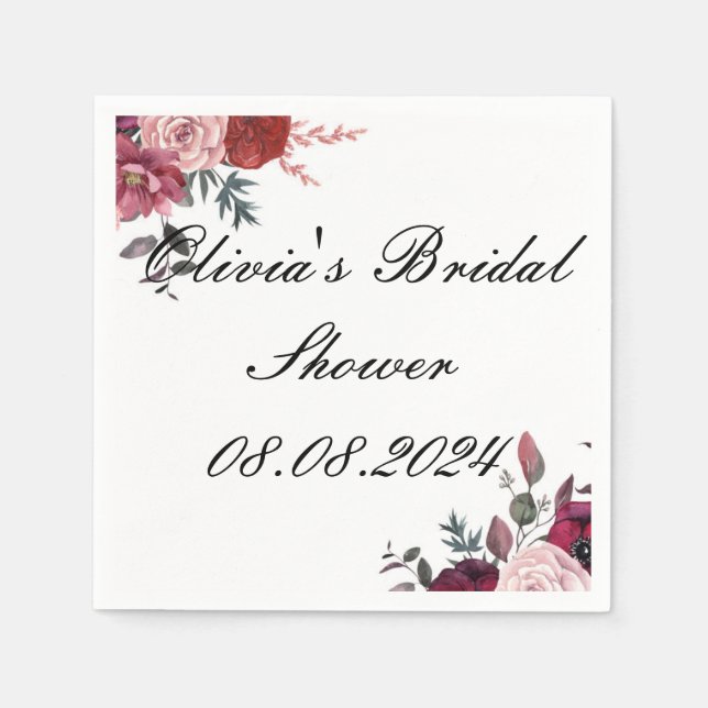 Burgundy floral Botanical bridal shower Napkins (Front)