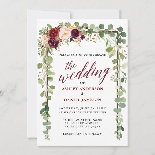 Burgundy Floral Botanical Calligraphy Wedding Invitation