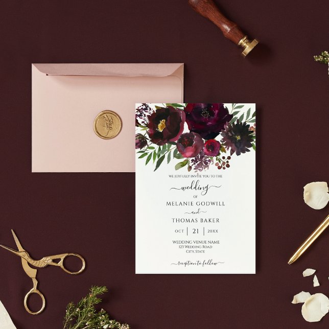 Burgundy Floral Botanical Elegant Wedding Luxury Invitation (Creator Uploaded)