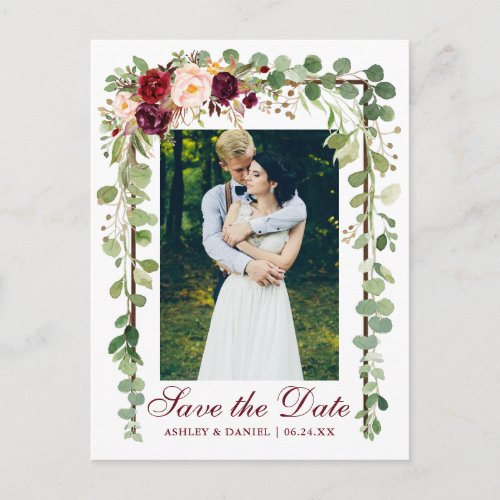 Burgundy Floral Botanical Green Save The Date Announcement Postcard