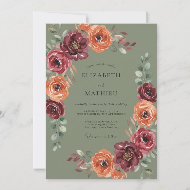 Burgundy Floral Botanical Romance Wedding Invitation (Front)