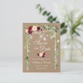 Burgundy Floral Botanical Save The Date Kraft Announcement Postcard (Standing Front)