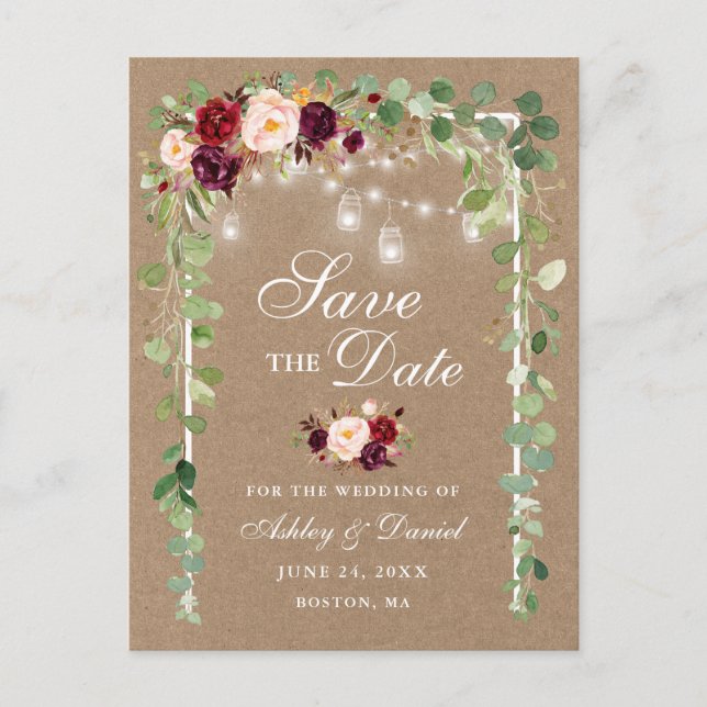 Burgundy Floral Botanical Save The Date Kraft Announcement Postcard (Front)