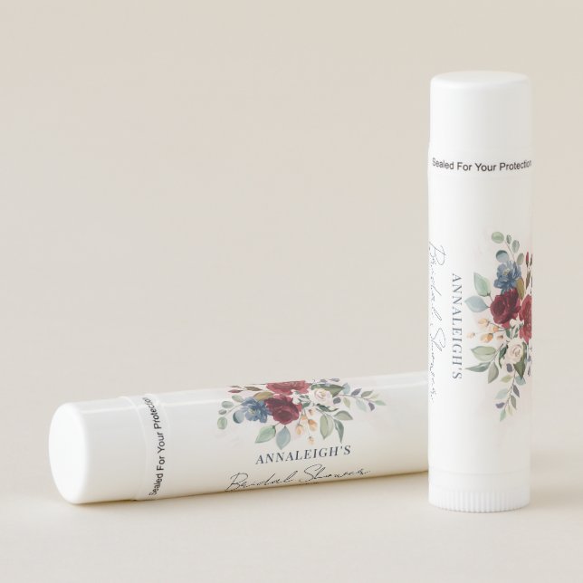 Burgundy Floral Botanical Script Bridal Shower Lip Balm (Front)