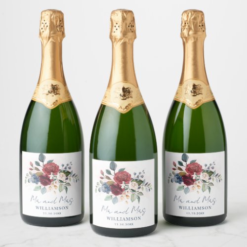 Burgundy Floral Botanical Script Wedding Sparkling Wine Label