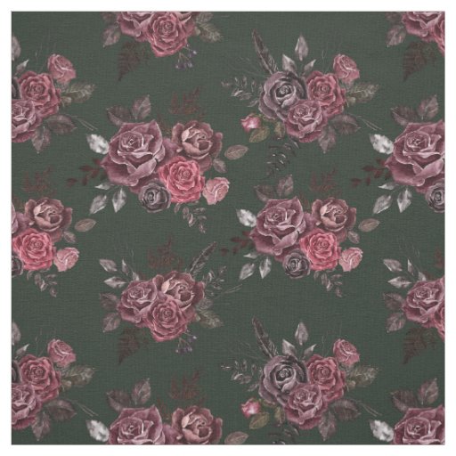 Burgundy Floral Bouquet on Dark Jungle Green Fabric