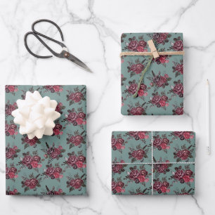Burgundy Floral Bouquet on Dark Sage Green Wrapping Paper Sheets