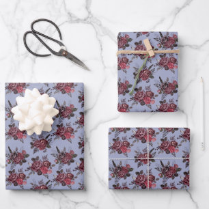 Burgundy Floral Bouquet on Gray Blue Wrapping Paper Sheets