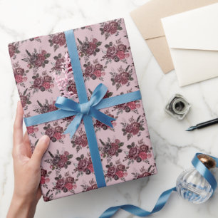 Burgundy Floral Bouquet on Gray-Pink Wrapping Paper
