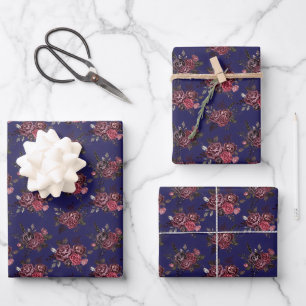 Burgundy Floral Bouquet on Navy Blue Wrapping Paper Sheets