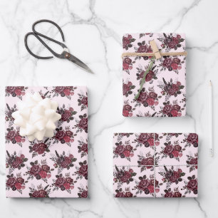 Burgundy Floral Bouquet on Pink Lemonade Wrapping Paper Sheets