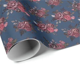Burgundy Floral Bouquet on Prussian Blue Wrapping Paper