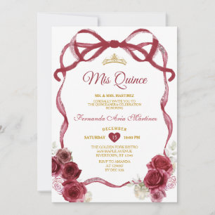Burgundy Floral Bow Ribbon Gold Crown Mis Quince Invitation