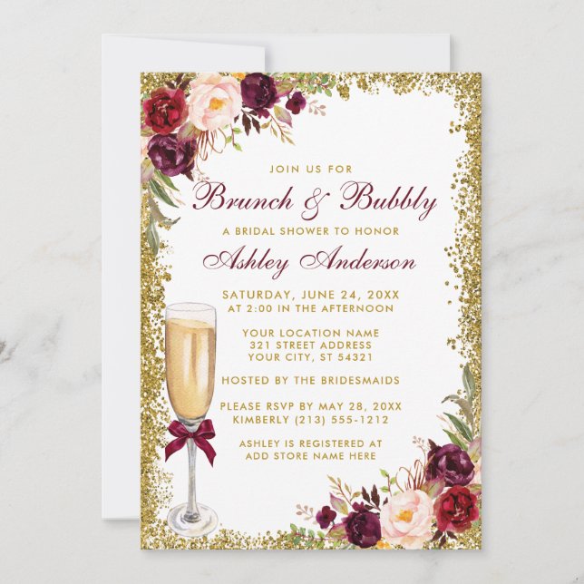 Burgundy Floral Bridal Brunch Bubbly Gold Glitter Invitation (Front)
