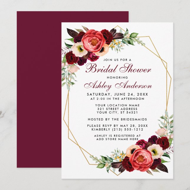Burgundy Floral Bridal Shower Boho Invitation B (Front/Back)
