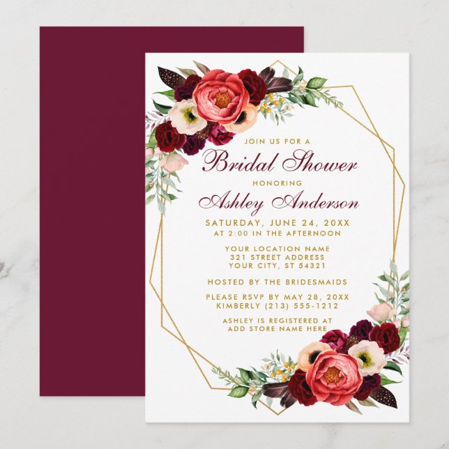 Burgundy Floral Bridal Shower Boho Invite GB (Front/Back)
