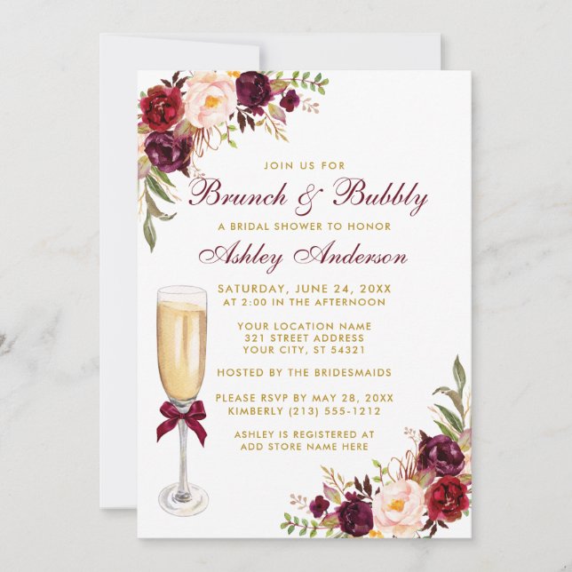 Burgundy Floral Bridal Shower Brunch Bubbly Gold Invitation (Front)