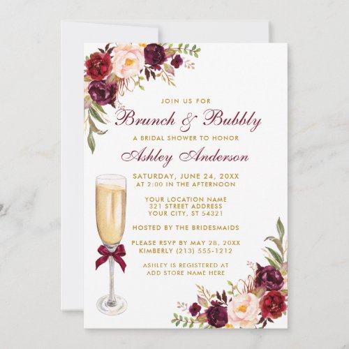 Burgundy Floral Bridal Shower Brunch Bubbly Gold Invitation