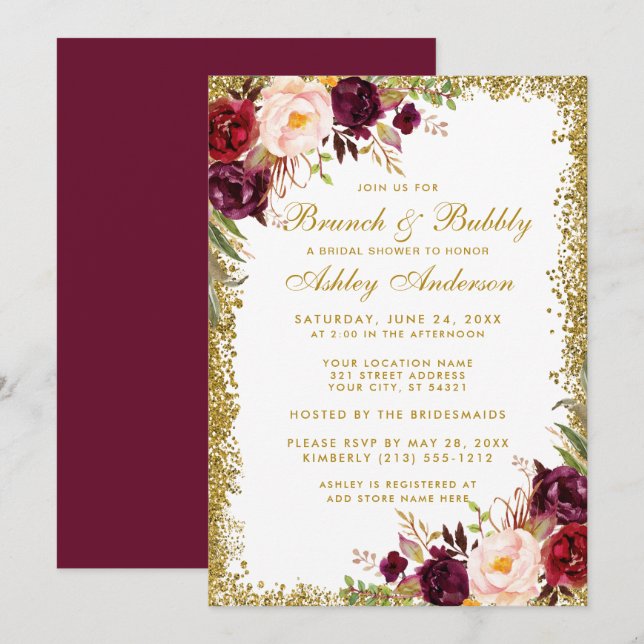 Burgundy Floral Bridal Shower Brunch Invite Gold G (Front/Back)