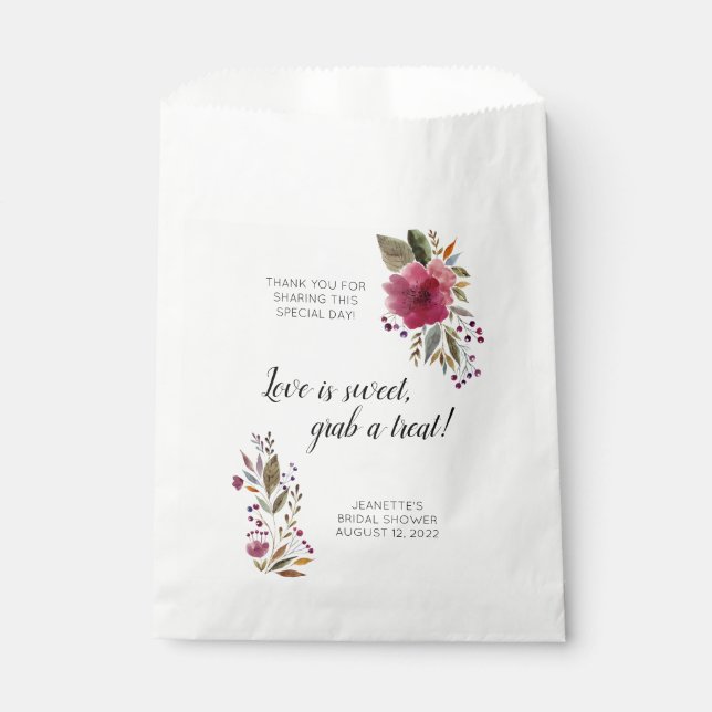 Burgundy Floral Bridal Shower Candy Favor Bag (Front)