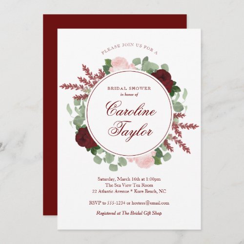 Burgundy Floral Bridal Shower Elegant Watercolor Invitation