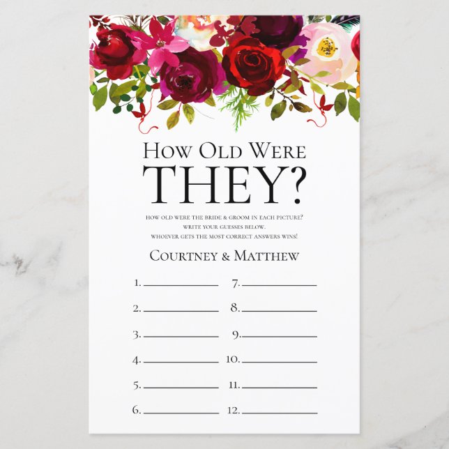 Burgundy Floral Bridal Shower Game (Front)