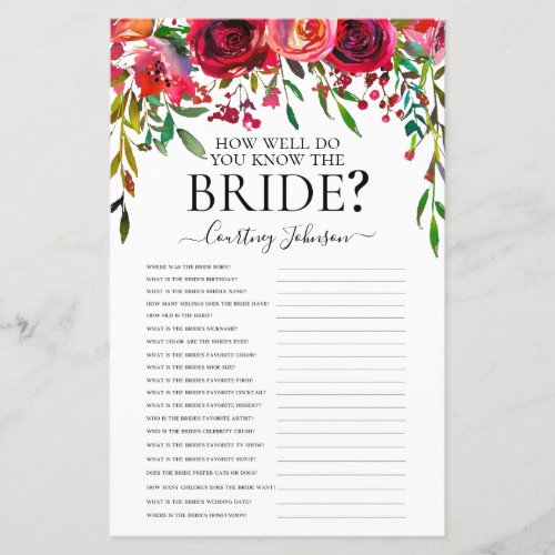 Burgundy Floral Bridal Shower Game