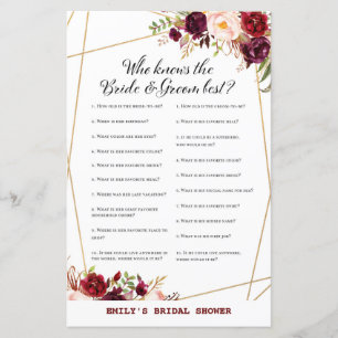 Burgundy Floral Bridal Shower Game, Wedding Shower