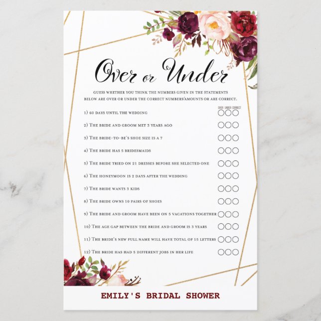 Burgundy Floral Bridal Shower Game, Wedding Shower (Front)