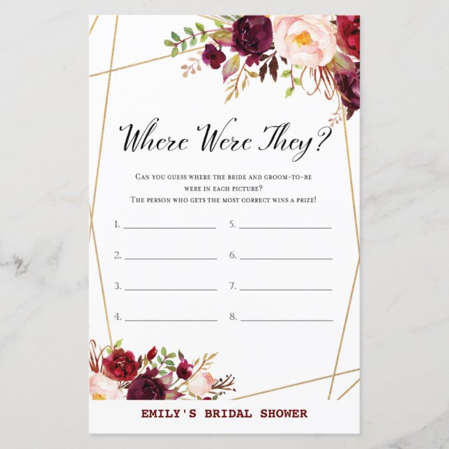 Burgundy Floral Bridal Shower Game, Wedding Shower (Front)