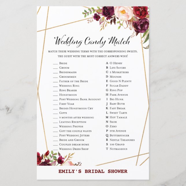 Burgundy Floral Bridal Shower Game, Wedding Shower (Front)