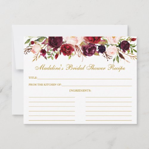 Burgundy Floral Bridal Shower Gold Recipe Card