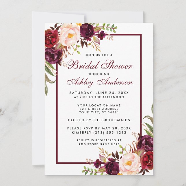 Burgundy Floral Bridal Shower Invitation (Front)