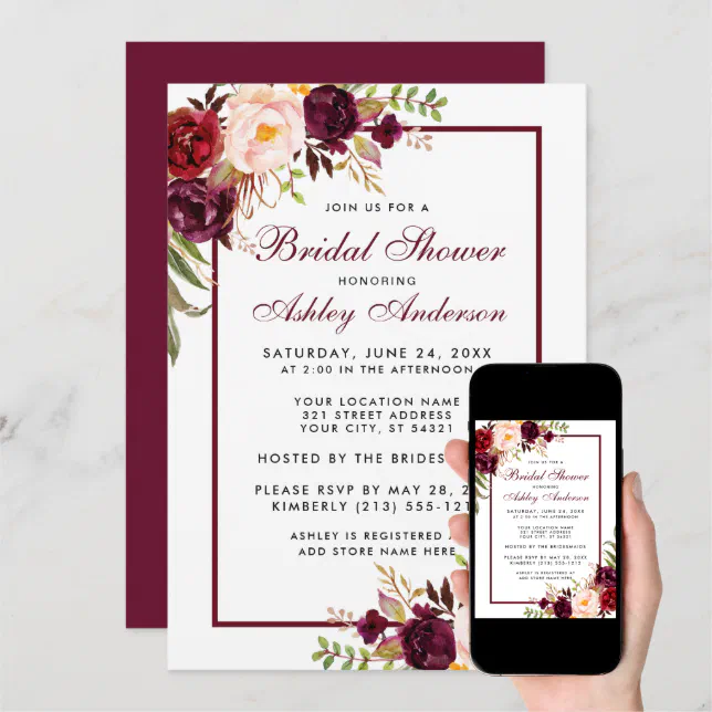 Burgundy Floral Bridal Shower Invitation B Zazzle