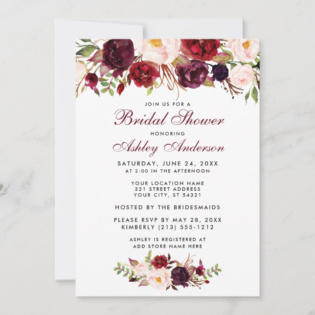 Burgundy Floral Bridal Shower Invitation BW (Front)