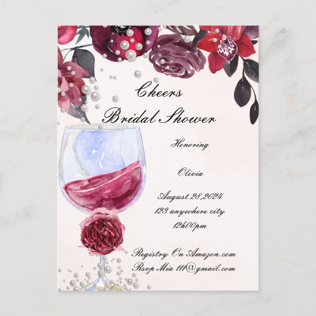 burgundy floral bridal shower invitation postcard (Front)