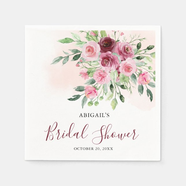 Burgundy Floral  Bridal Shower Napkins (Front)