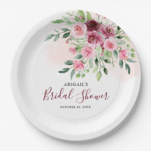 Burgundy Floral Bridal Shower Paper Plates
