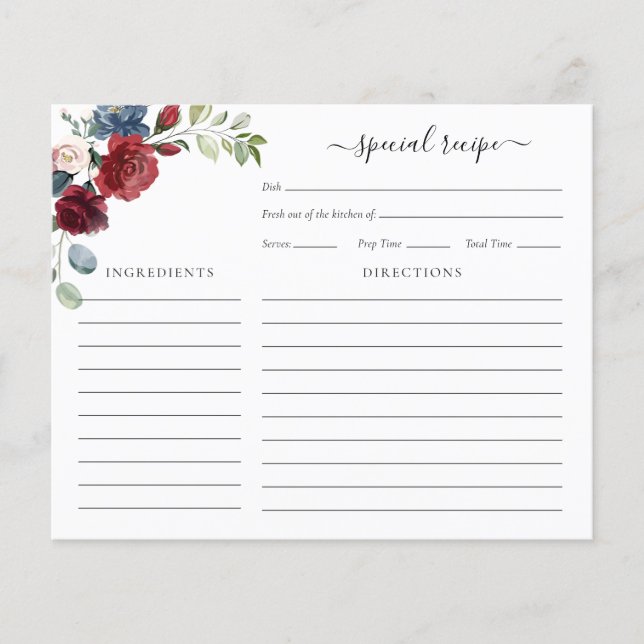 Burgundy Floral Bridal Shower Script Recipe Card (Front)