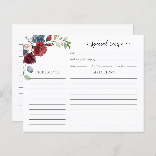 Burgundy Floral Bridal Shower Script Recipe Card