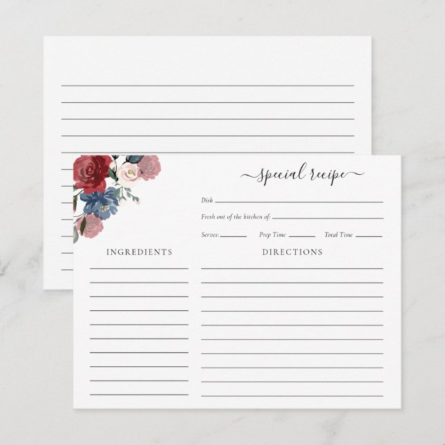 Burgundy Floral Bridal Shower Script Recipe Enclosure Card (Front/Back)