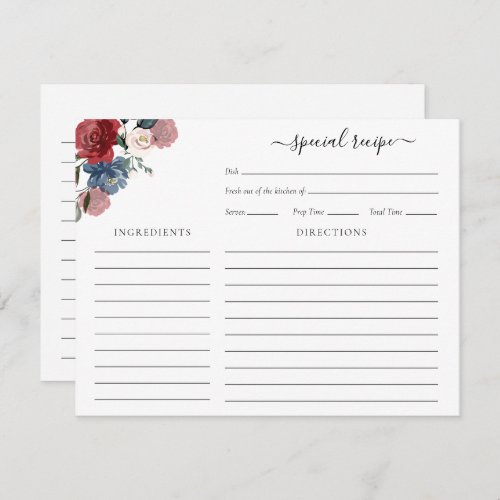 Burgundy Floral Bridal Shower Script Recipe Enclosure Card