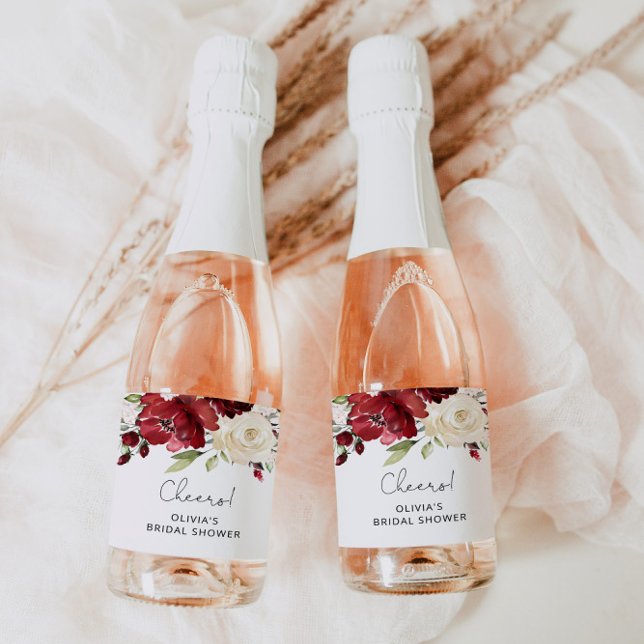Burgundy  floral bridal shower Sparkling Wine labe Label (Creator Uploaded)